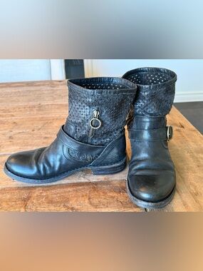Fiorentini + Baker Black Leather Perforated Shaft Ankle Boots with Buckle